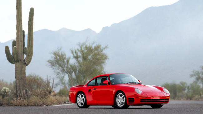 Обои картинки фото porsche 959, автомобили, porsche, красный, горы, деревья, кактусы