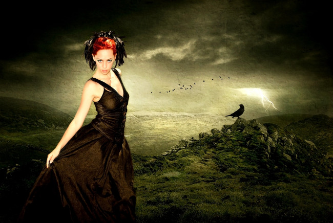 Обои картинки фото фэнтези, девушки, девушка, ворон, молния