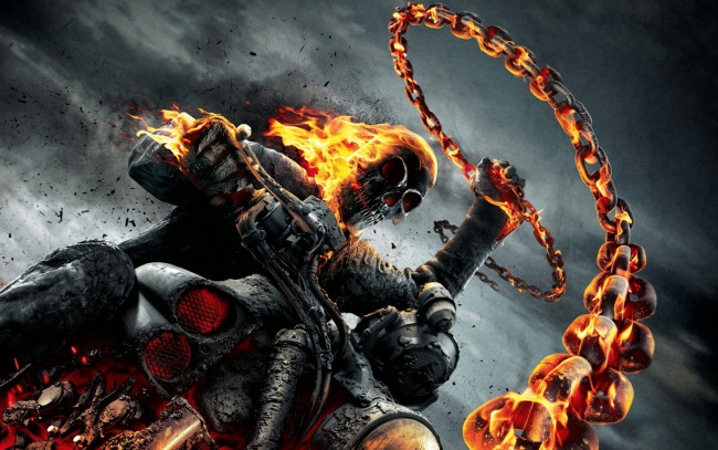 Обои картинки фото призрачный, гонщик, кино, фильмы, ghost, rider, spirit, of, vengeance, 2, череп, цепь, огонь, мотоцикл, скелет