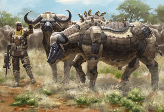 обоя фэнтези, роботы, киборги, механизмы, воин, буйволы