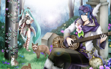Картинка аниме vocaloid девушка мальчик лес гитара животные цветы hatsune miku kaito