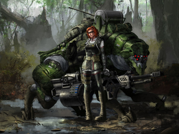 Обои картинки фото фэнтези, красавицы, чудовища, монстр, робот, воительница, девушка