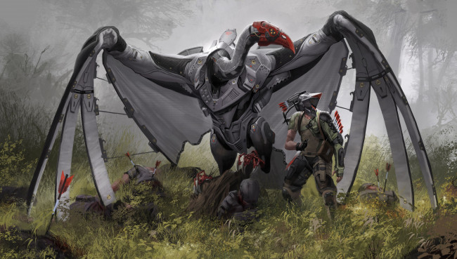 Обои картинки фото фэнтези, роботы, киборги, механизмы, птица, гриф, робот, трупы, воин
