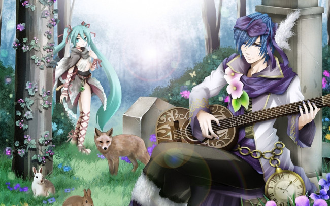 Обои картинки фото аниме, vocaloid, девушка, мальчик, лес, гитара, животные, цветы, hatsune, miku, kaito