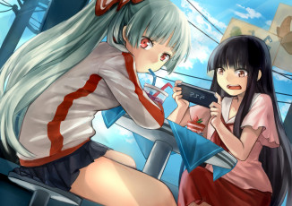 Картинка аниме touhou трубочки небо столик кафе девушки