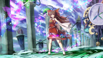 Картинка аниме touhou механизмы столбы девушка бабочки шатенка