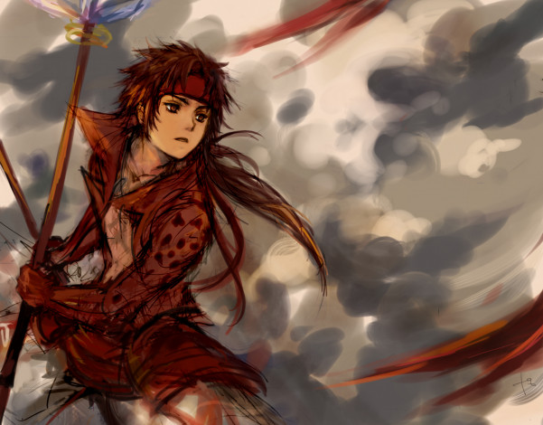 Обои картинки фото sengoku basara, аниме, парень, оружие, sengoku, basara, эпоха, смут, sanada, yukimura, арт