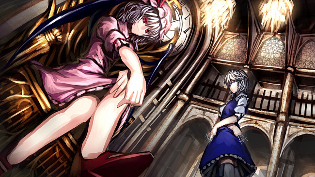 Обои картинки фото аниме, touhou, арт, улыбка, девушки, красные, глаза, замок, люстры