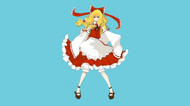 Обои картинки фото аниме, touhou, девушка, голубой, фон, бант, платье, блондинка