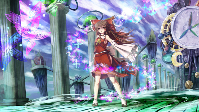 Обои картинки фото аниме, touhou, механизмы, столбы, девушка, бабочки, шатенка