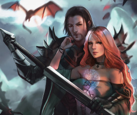 Картинка фэнтези люди дракон рыцарь луна меч полнолуние ночь маг девушка