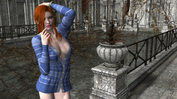 обоя 3д графика, люди , people, девушка, взгляд, фон, рыжая, кофточка