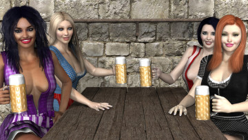 Картинка 3д+графика люди+ people пиво взгляд улыбки стол фон девушки