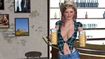 Картинка 3д+графика люди+ people взгляд девушка пиво шляпа фон