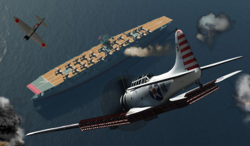 Картинка 3д+графика армия+ military авианосец море взрывы полет самолеты