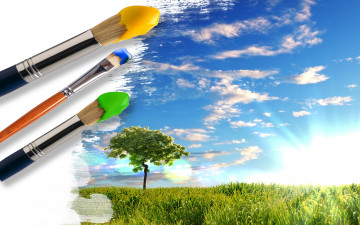 Картинка разное компьютерный+дизайн креатив краски кисти трава зелень дерево небо солнце облака