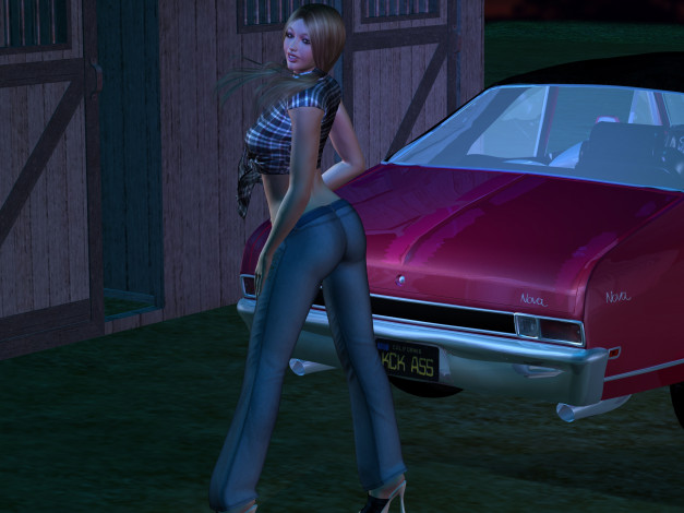 Обои картинки фото автомобили, 3d car&girl, автомобиль, фон, взгляд, девушка