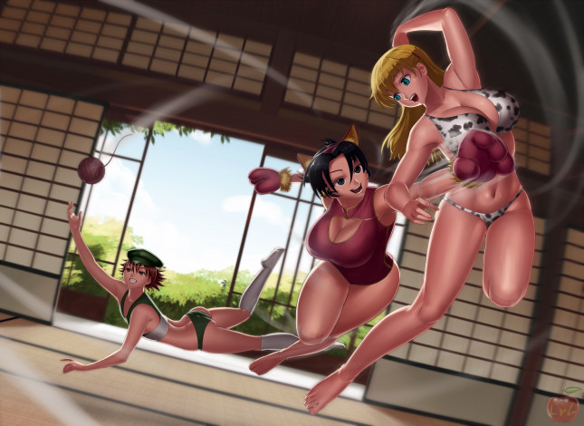 Обои картинки фото рисованное, люди, игра, мяч, фон, взгляд, девушки