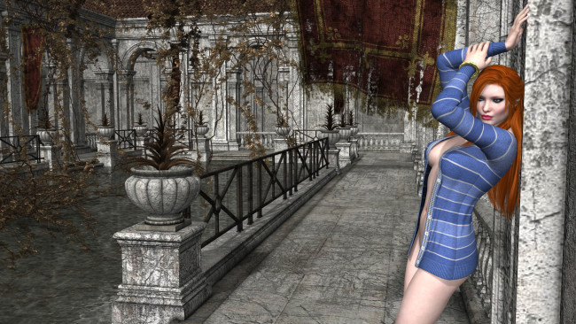 Обои картинки фото 3д графика, люди , people, девушка, взгляд, фон, рыжая, кофточка