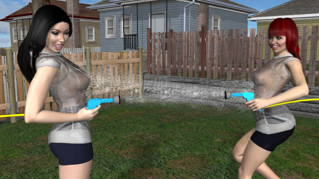 Обои картинки фото 3д графика, люди , people, девушки, взгляд, фон, улыбка, вода, брызги