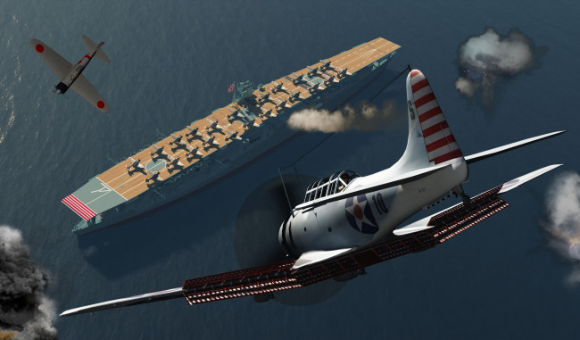 Обои картинки фото 3д графика, армия , military, авианосец, море, взрывы, полет, самолеты