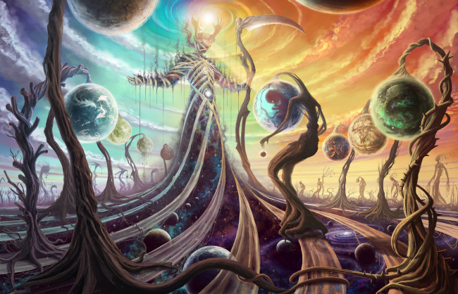 Обои картинки фото фэнтези, существа, создатель, фантастика, коса, вселенная, космос, божество, бог, созидание, жизнь