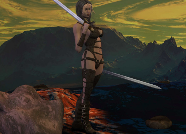 Обои картинки фото 3д графика, фантазия , fantasy, оружие, фон, девушка, взгляд