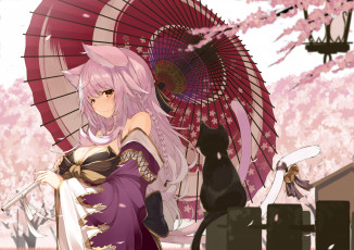 Картинка аниме животные +существа девушка зонт