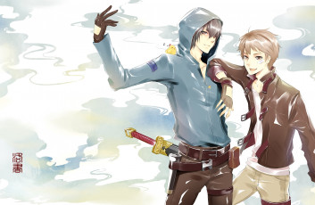 Картинка аниме оружие +техника +технологии арт raku kaki source request парни меч птица иероглифы