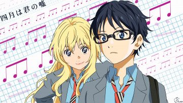 Картинка аниме shigatsu+wa+kimi+no+uso девушка парень ноты