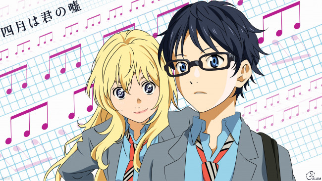 Обои картинки фото аниме, shigatsu wa kimi no uso, девушка, парень, ноты