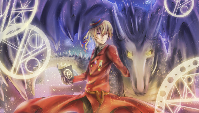 Обои картинки фото аниме, hetalia,  axis powers, военная, форма, парень, axis, powers, символы, книга, рога, romania, дракон