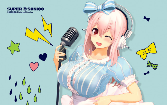 Обои картинки фото super sonico, аниме, фон, девушка, взгляд