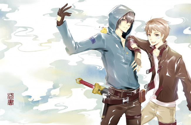 Обои картинки фото аниме, оружие,  техника,  технологии, арт, raku, kaki, source, request, парни, меч, птица, иероглифы