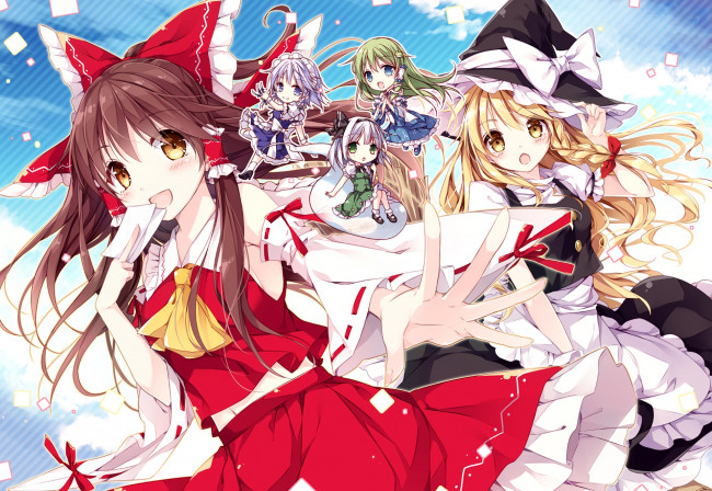 Обои картинки фото аниме, touhou, девушки, взгляд, фон