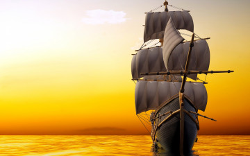 Картинка 3д+графика море+ sea горизонт парусник море паруса корабль небо мачты 3d графика зарево