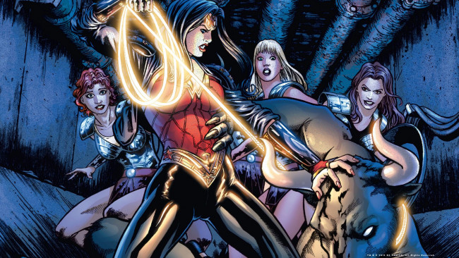 Обои картинки фото рисованное, комиксы, девушки, Чудо-женщина, лассо, монстр, минотавр