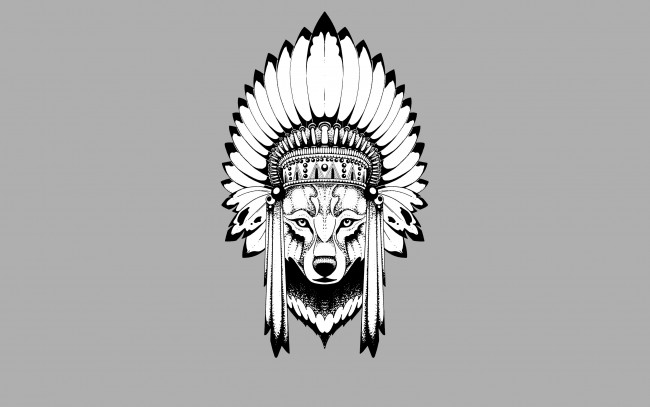 Обои картинки фото рисованное, минимализм, индеец, wolf, голова, волк, indian, перья