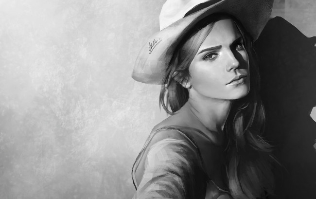 Обои картинки фото рисованное, люди, рисунок, эмма, уотсон, emma, watson, портрет, шляпа, черно-белое, фон, арт
