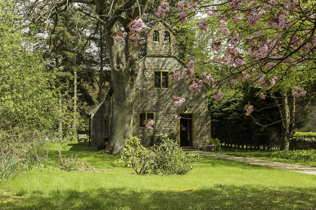Обои картинки фото англия, города, - здания,  дома, трава, цветущее, дерево