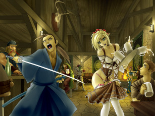 Картинка аниме оружие +техника +технологии официантка меч бар фон самурай взгляд девушка мужчина