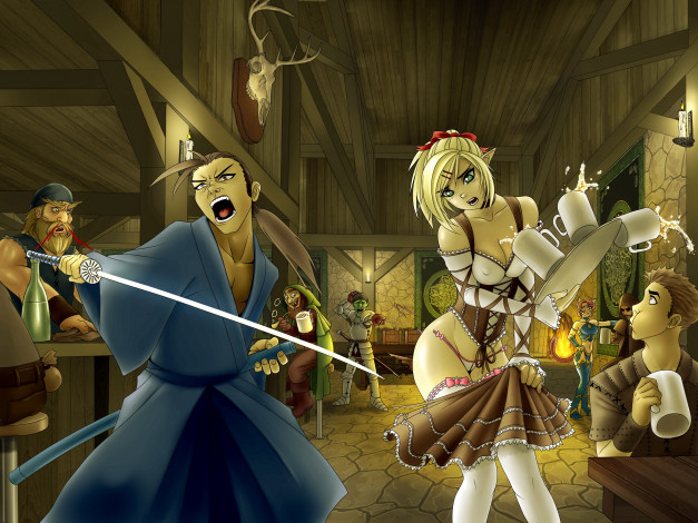 Обои картинки фото аниме, оружие,  техника,  технологии, официантка, меч, бар, фон, самурай, взгляд, девушка, мужчина