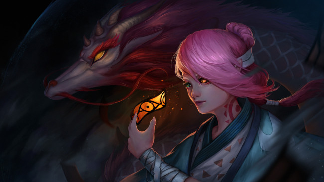 Обои картинки фото аниме, onmyouji, onmyoji, дракон, игра, девушка, арт, змей