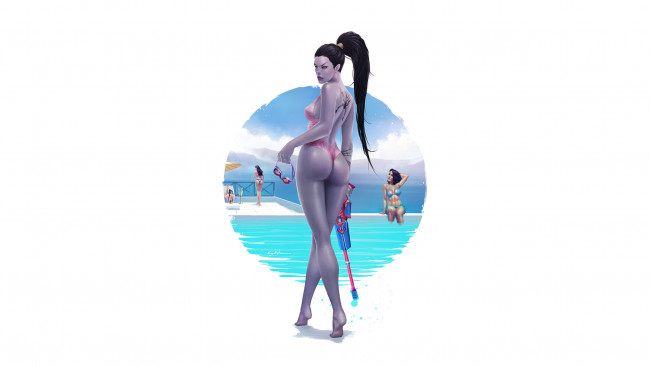 Обои картинки фото видео игры, overwatch, фон, девушка, тату, винтовка