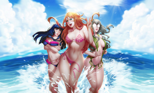 Обои картинки фото аниме, naruto, фон, море, купальник, взгляд, девушки