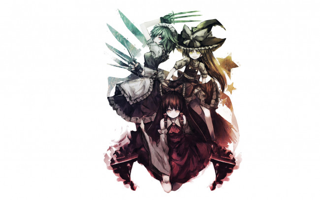 Обои картинки фото аниме, touhou, шляпа, звезды, ножи, девочки