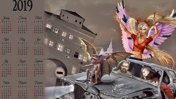 Картинка календари фэнтези автомобиль 2019 крылья девушка мужчина кот женщина calendar