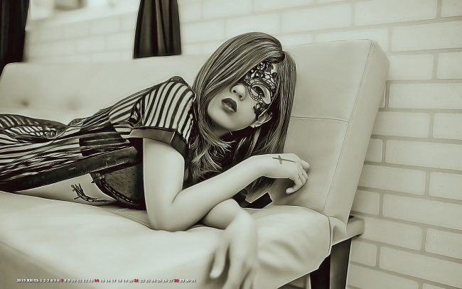 Обои картинки фото календари, компьютерный дизайн, лежать, диван, девушка, 2019, calendar, женщина, маска