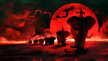 Картинка фэнтези иные+миры +иные+времена слоны люди знамя караван закат