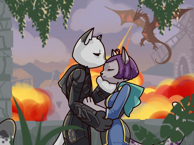 Обои картинки фото фэнтези, существа, кошки, пара, дракон